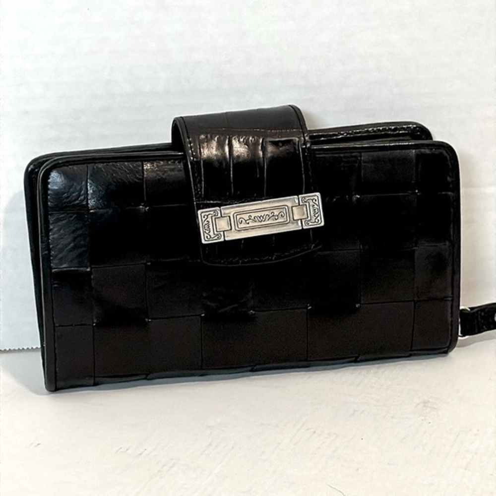 Brighton black Leather Woven Organizer Wallet Wristlet Purse 7.5x4" EUC